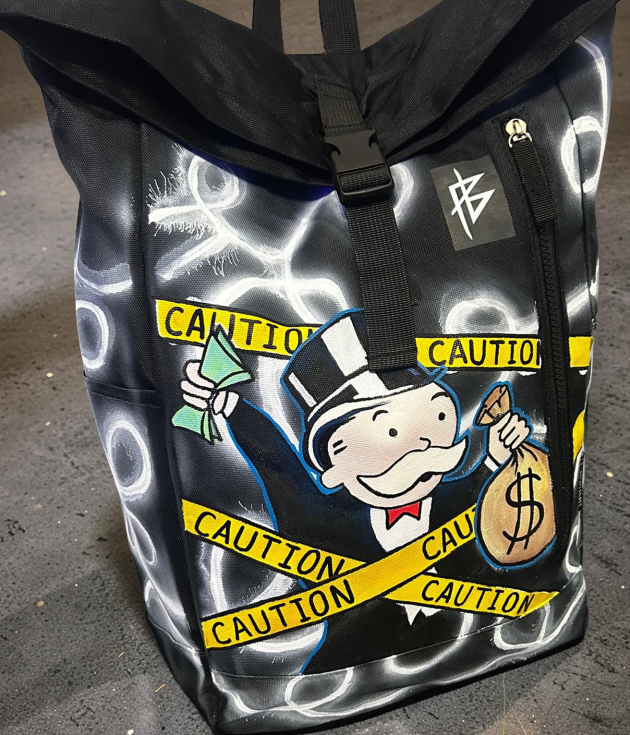 CAUTION: MONEY TALKS - Hand-Painted Backpack 1/1